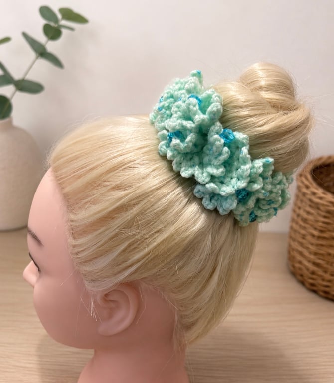 Mint Green Crochet Scrunchie, Medium Beaded Ruffle Hair Tie