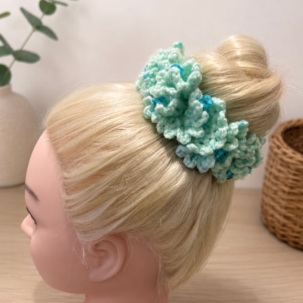 Mint Green Crochet Scrunchie, Medium Beaded Ruffle Hair Tie