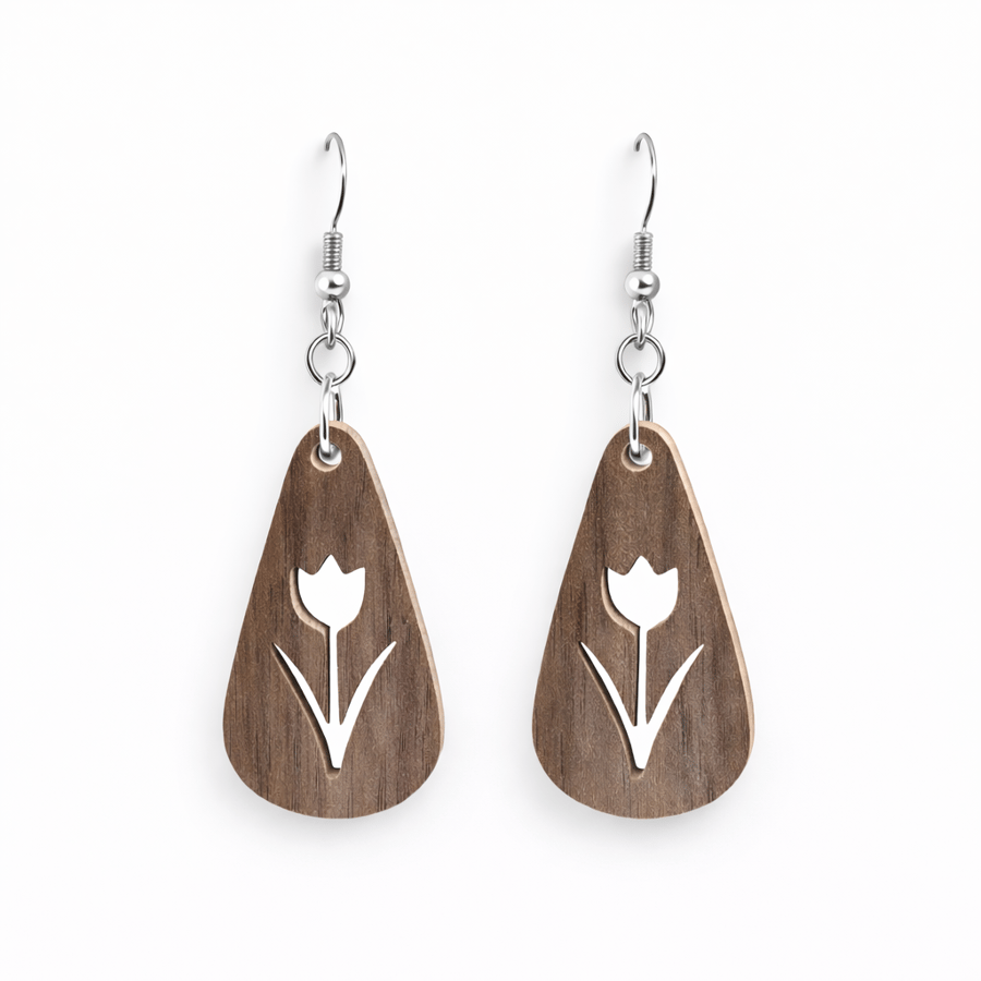 Scroll Saw Wooden Tulip Earrings, Lightweight Floral Dangle Earrings, Handmade 