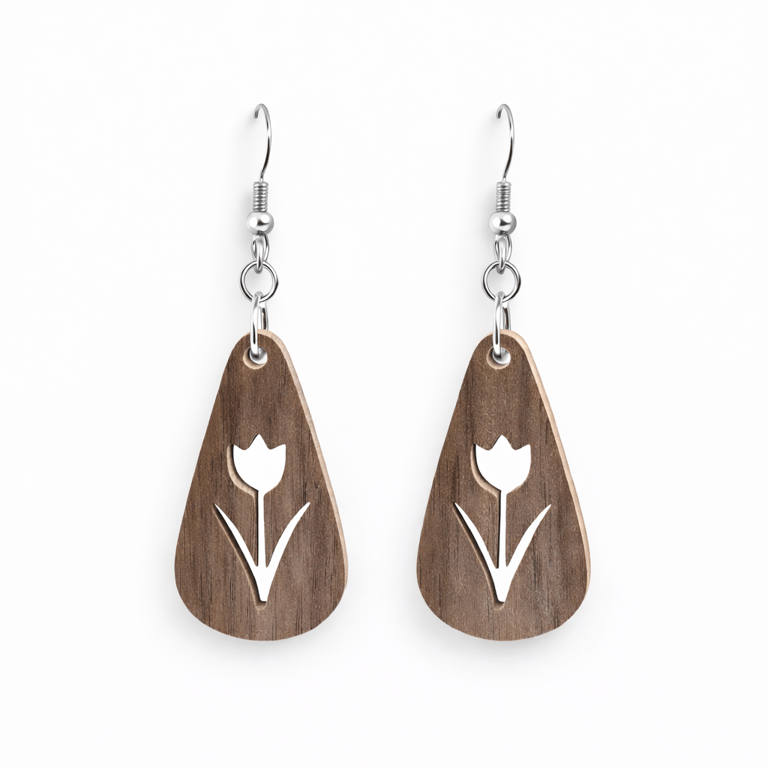 Scroll Saw Wooden Tulip Earrings, Lightweight Floral Dangle Earrings, Handmade 