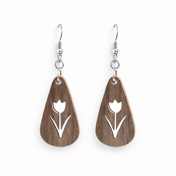 Scroll Saw Wooden Tulip Earrings, Lightweight Floral Dangle Earrings, Handmade 