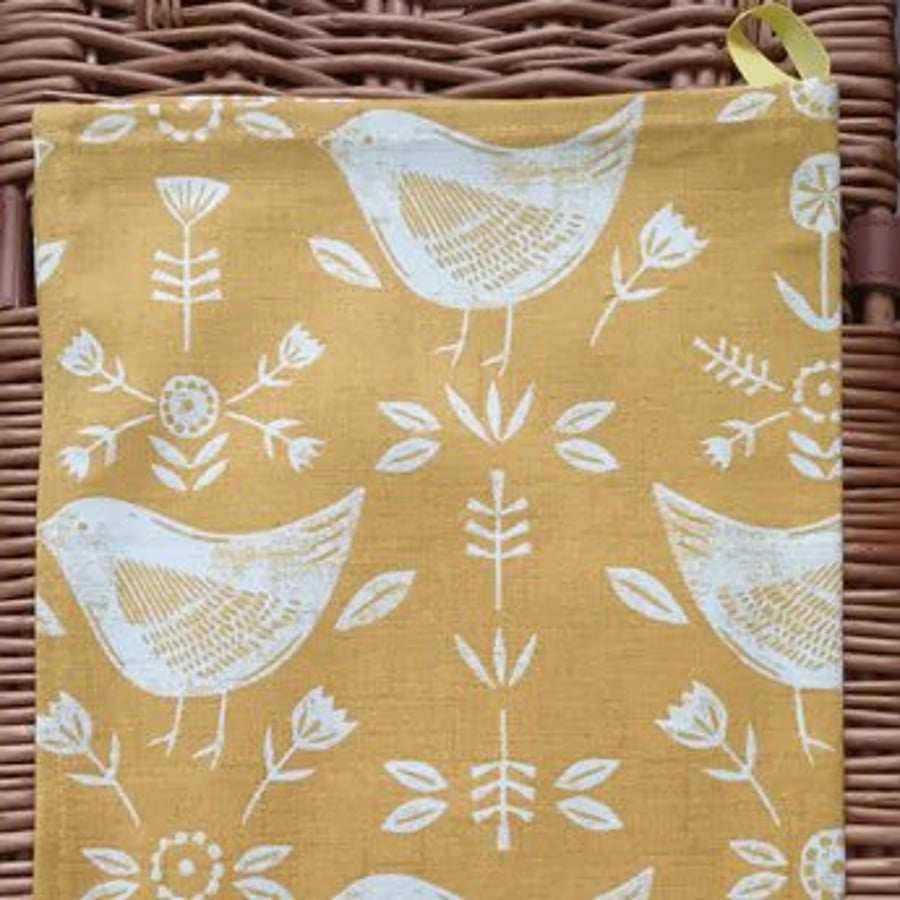 Yellow Ochre Tea Towel. Bird And Floral Scandi Style. Kitchen Towel.