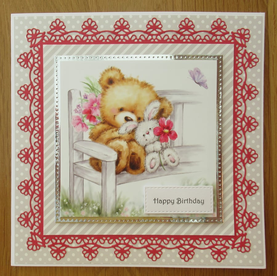 Bear and Bunny - 8x8" Card - Pink and Grey