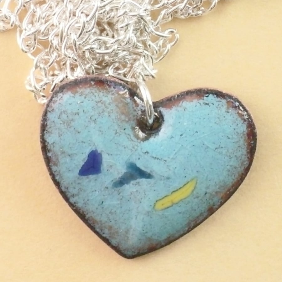 pendant - heart: blue, green and yellow chip on turquoise