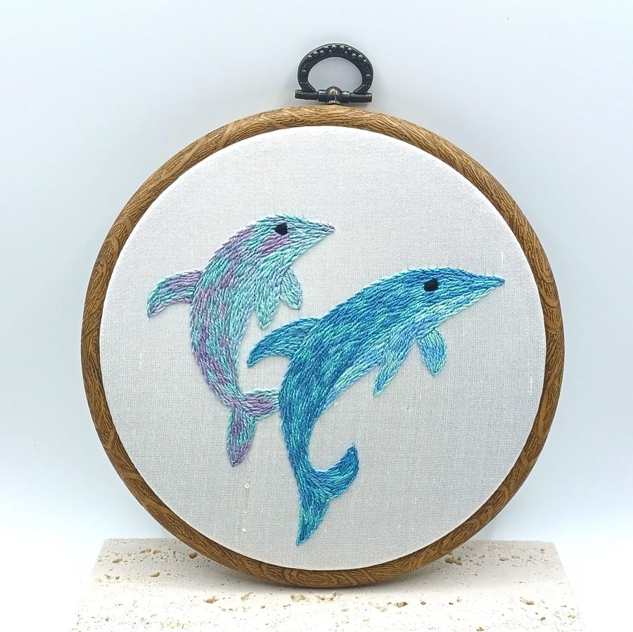 Dolphin Pair Embroidery Hoop, Embroidery Wall Art, Hand Embroidery, Dolphin Love