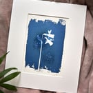 cyanotype print: "Daffodil". Original, one of a kind, mounted ready to frame