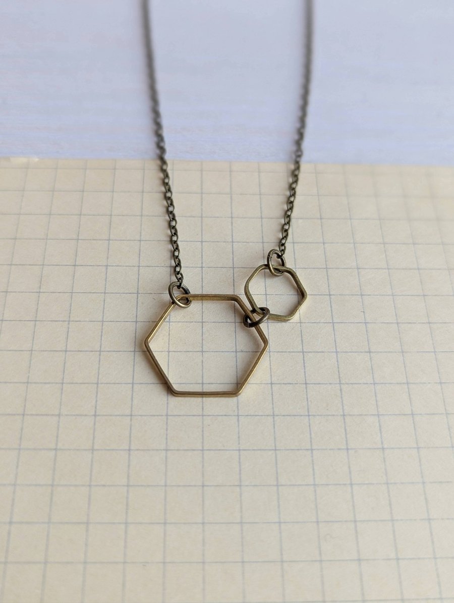 Golden Brass Hexagon Necklace: two hexagons, one larger, one smaller, Summer 
