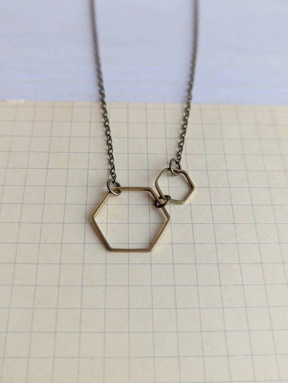 Golden Brass Hexagon Necklace: two hexagons, one larger, one smaller, Summer 