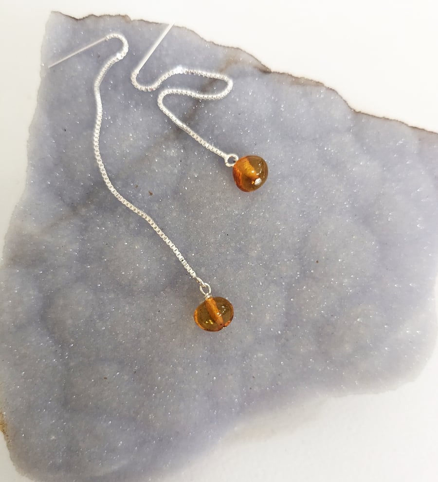 Amber and Sterling Silver Threader Earrings