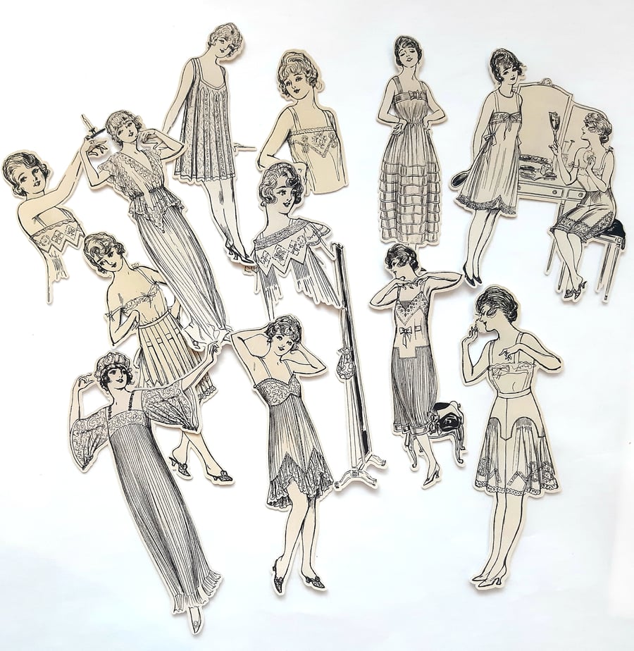 Vintage underwear model die cuts, fashion die cuts, ephemera card toppers
