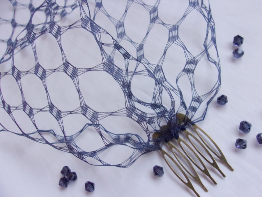 French Navy Vintage Waffle Weave 1940's - 1950's Style Soft Birdcage Veil