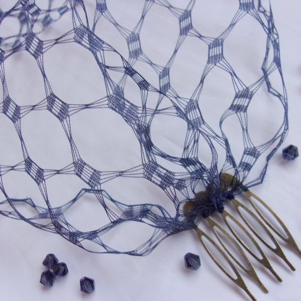 French Navy Vintage Waffle Weave 1940's - 1950's Style Soft Birdcage Veil