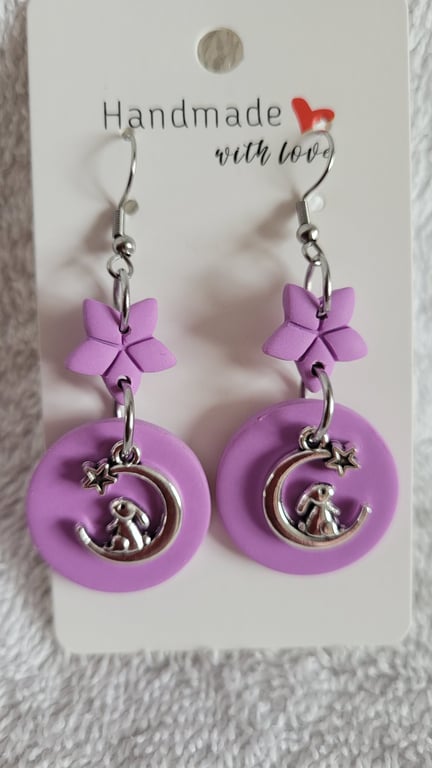 Rabbit on the Moon Pink Polymer Clay Earrings. 316 Surgical Stainless Steel