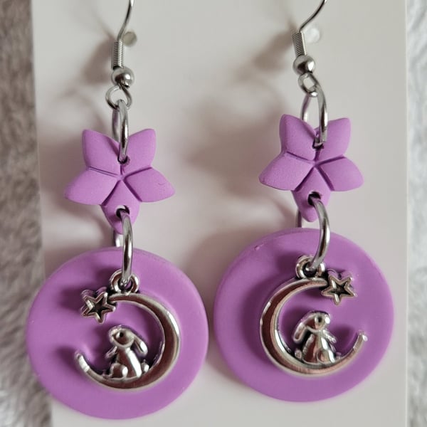 Rabbit on the Moon Pink Polymer Clay Earrings. 316 Surgical Stainless Steel