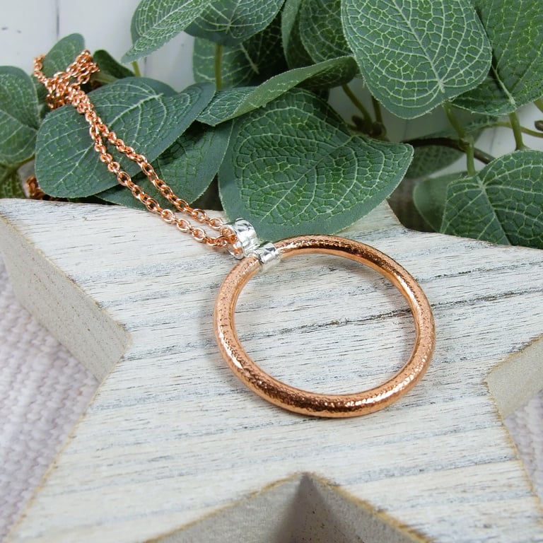 Copper Statement Necklace. Large Reversible Textured Circle Pendant