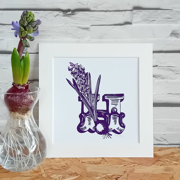 Letter H Print - hyacinth flower bulb initial print,, alphabet print, typography