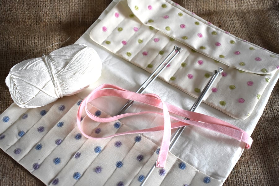 Fabric storage roll for knitting needles and crochet hooks. Ideal gift.