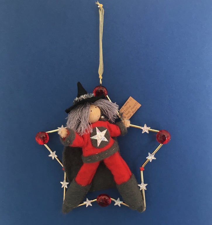 Witch Superhero Doll, Hanging Star Decoration, Red And Grey