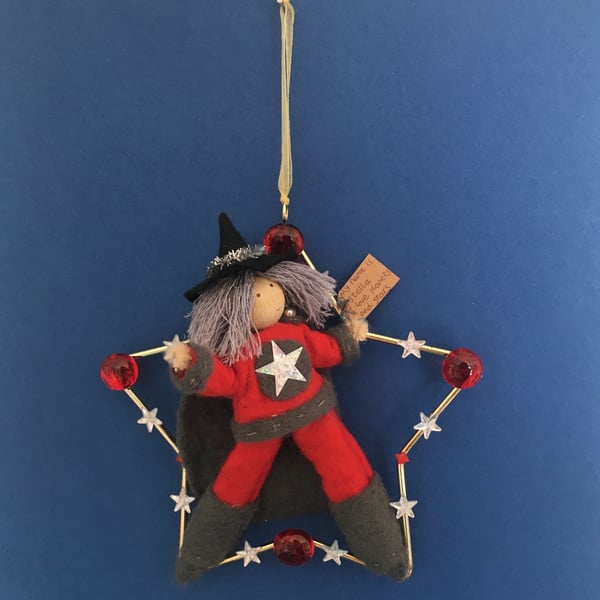 Witch Superhero Doll, Hanging Star Decoration, Red And Grey