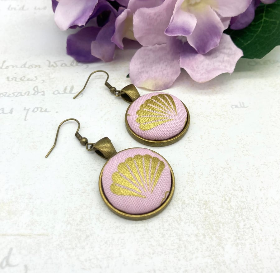 Gold metallic pink scallop shells fabric button dangle earrings