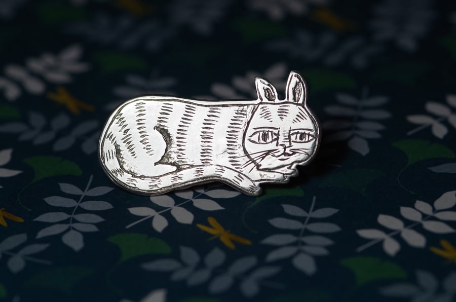 Ugly Medieval Cat lapel pin - Handmade Sterling silver brooch badge
