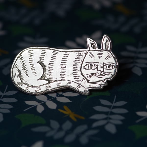 Ugly Medieval Cat lapel pin - Handmade Sterling silver brooch badge