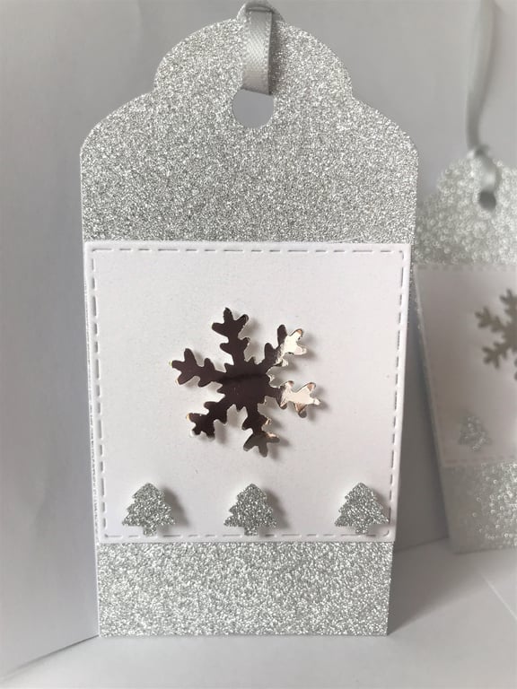 Sparkly Snowflake Christmas Gift Tags, Handmade Silver Embellishments (Set of 4)