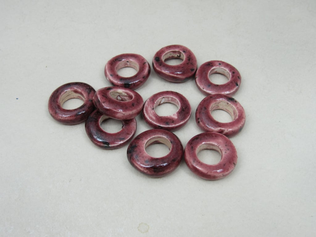 10 Medium Speckled Rose Glazed Ceramic Donut Beads