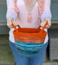 Medium Rust Orange and Blue Felt Basket with Cord Grab Handles - Image 2