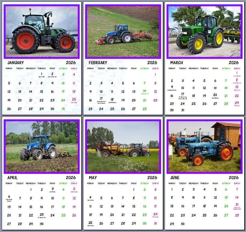 2026 A4 Calendar Tractors Themed  
