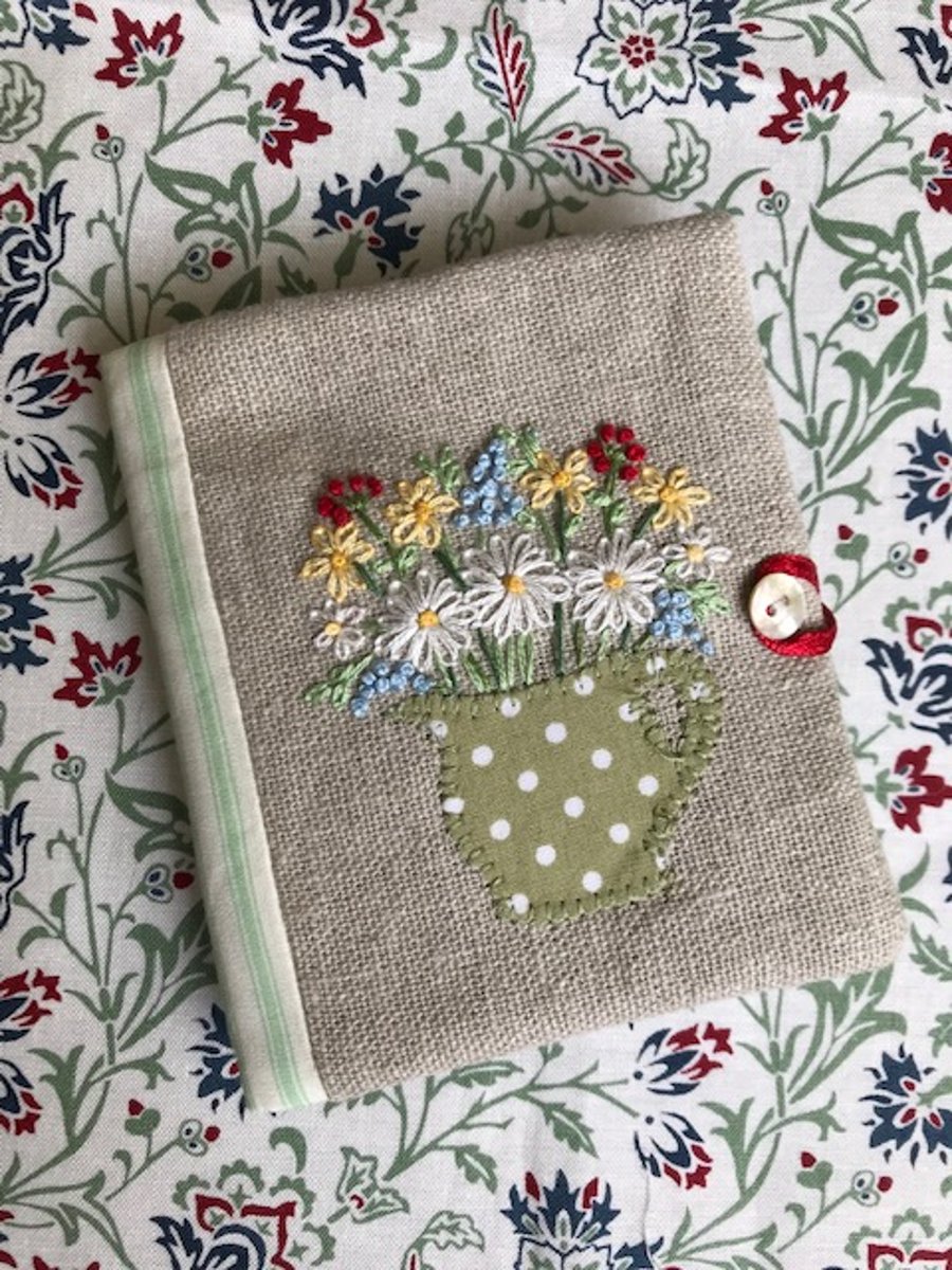 Hand embroidered needle case using William Morris Winter Berry Collection fabric