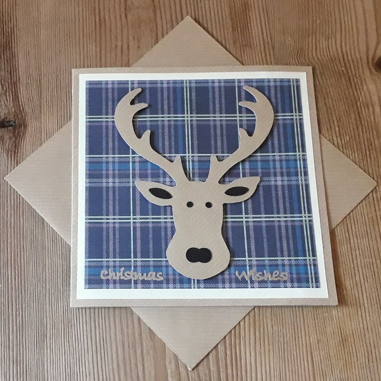 Tartan Stag Christmas Card – blue
