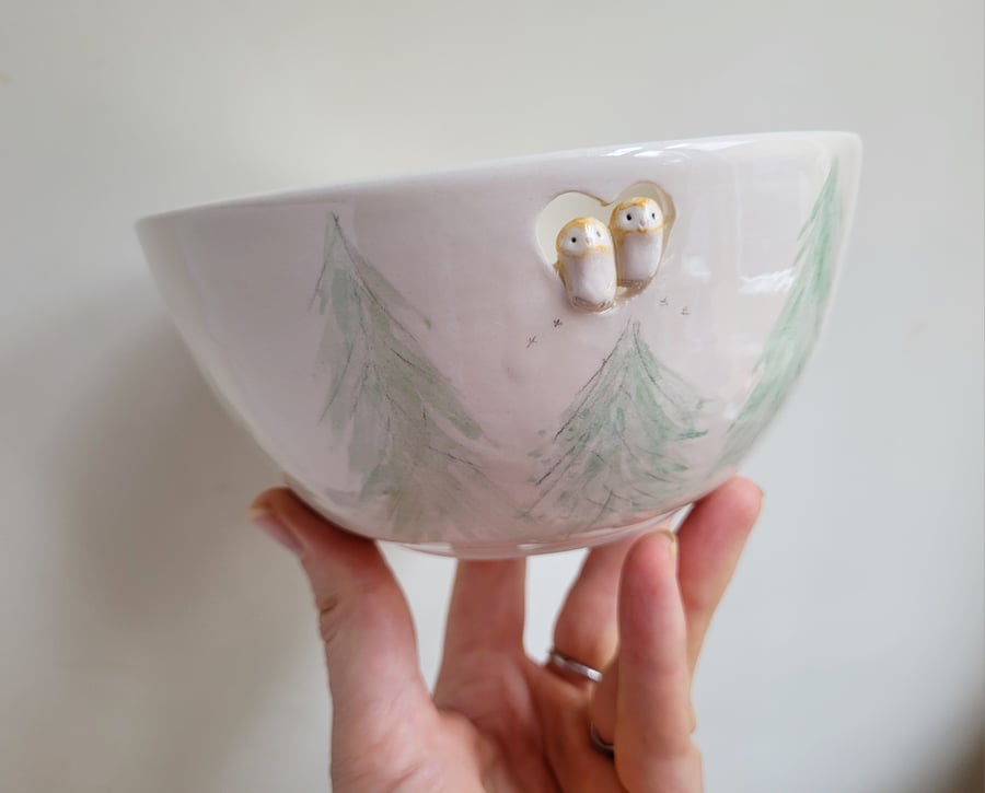 Ceramic owl couple bowl with handmade woodland pottery 