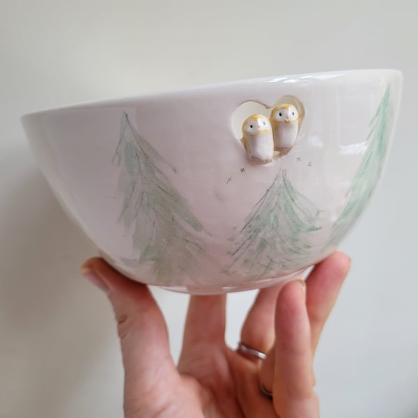 Ceramic owl couple bowl with handmade woodland pottery 