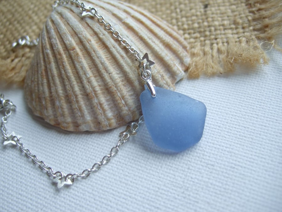 Scottish Light Blue Sea Glass Bracelet, Star Fish Chain Sterling Silver, Beach
