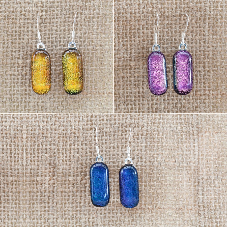 Colourful Dichroic Fused Glass Sterling Silver Drop Dangly Earrings