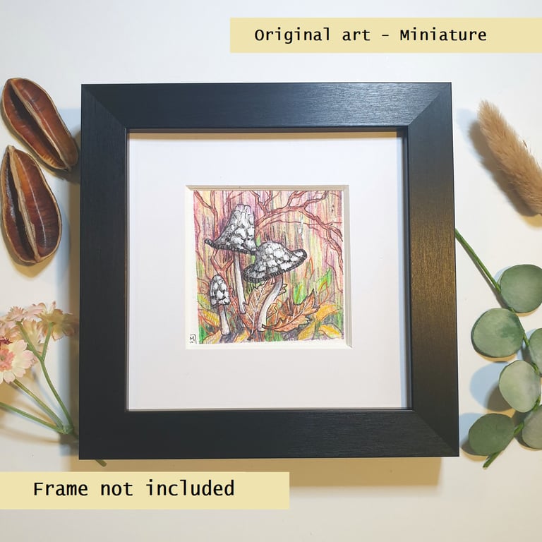 Magpie Inkcap Mushrooms, original art miniature, small artwork