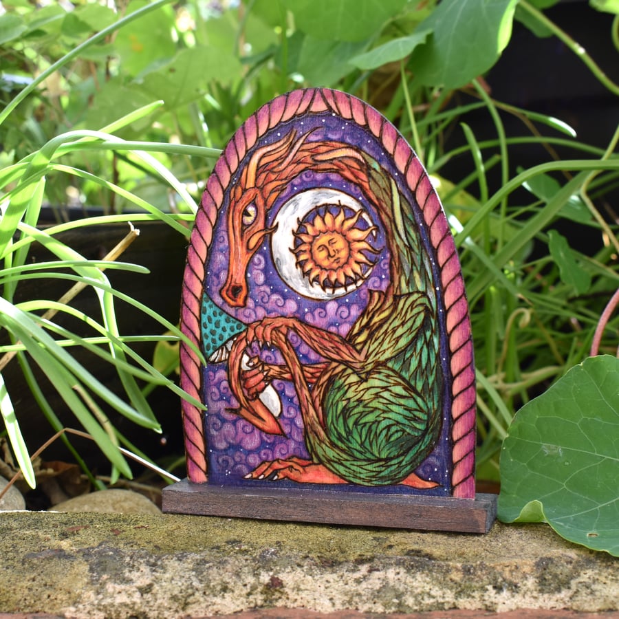 Pyrography Dragon Portal Fairy Door. Guardian of Sun, Moon and Seasons