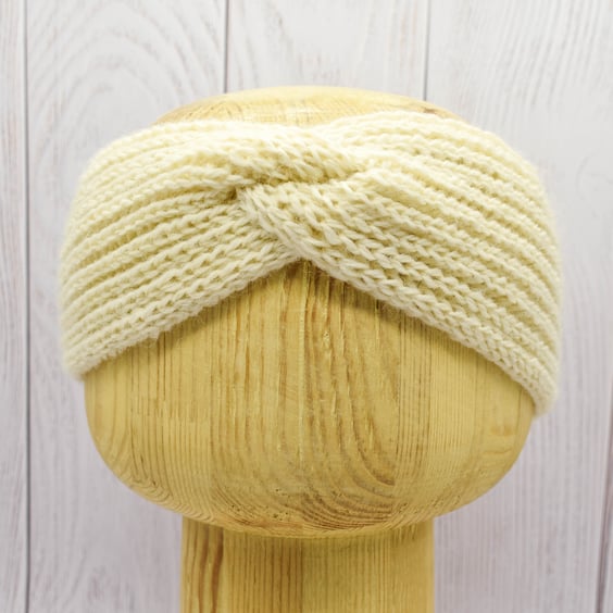 Hand Knitted headband ear warmers in cream wool adult M