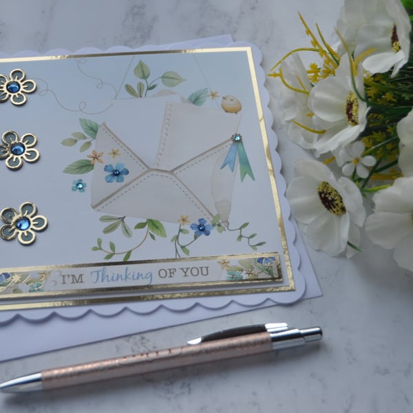 Thinking of You Card Letter Envelope Bird Flowers 3D Luxury Handmade Card