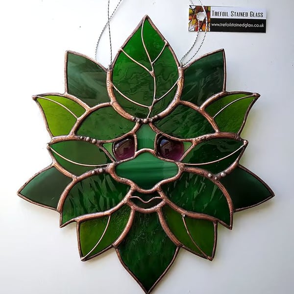 Stained Glass Green Man Suncatcher - handmade in Hampshire