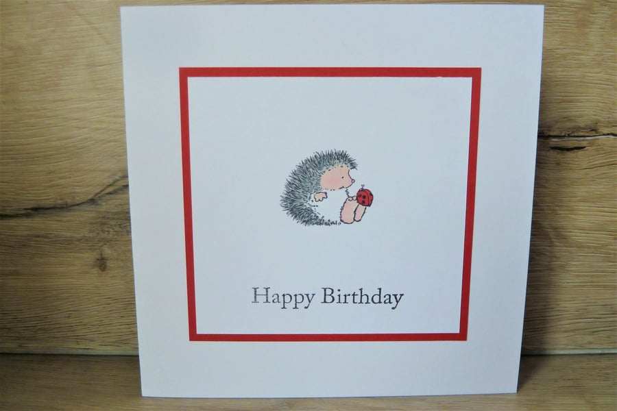 hedgehog with ladybird, happy birthday card