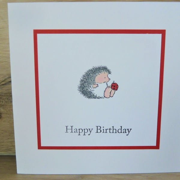 hedgehog with ladybird, happy birthday card