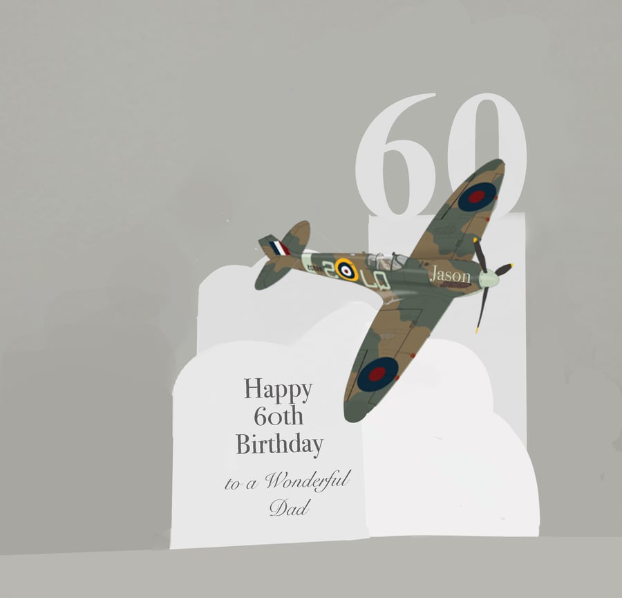 Handcrafted Personalised Popup 3d Spitfire Birthday Card for Grandad, Dad etc   