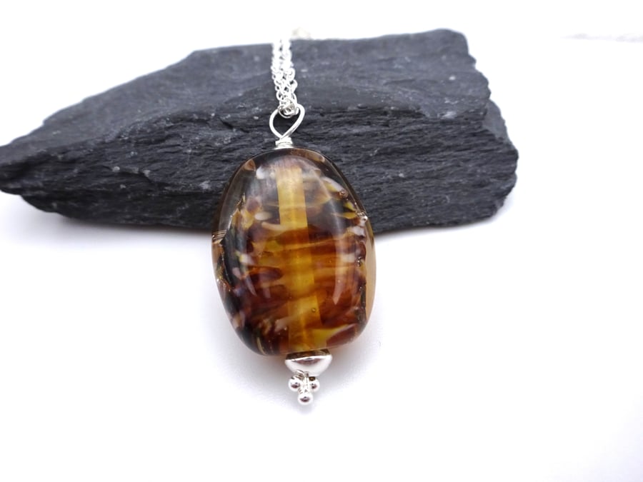 lampwork glass pendant necklace, brown sterling silver jewellery
