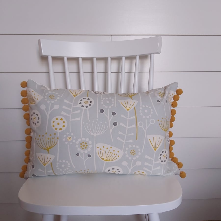 SALE Grey and Mustard Seedheads  Cushion Cover with Mustard Pom Poms