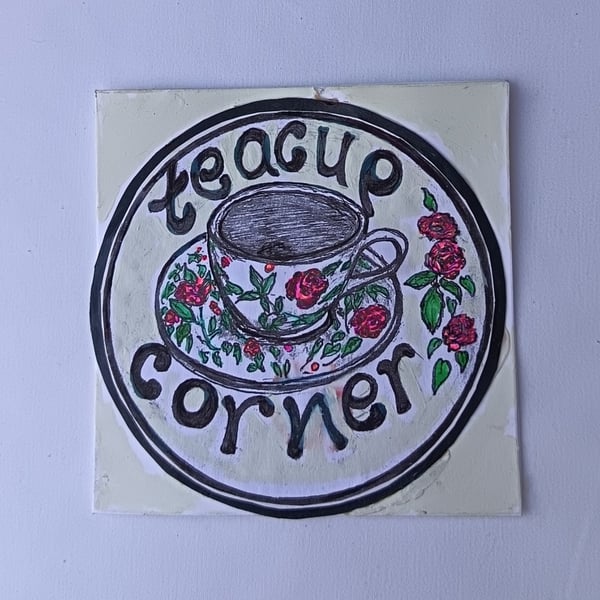 Teacup card pen and ink retro vintage card