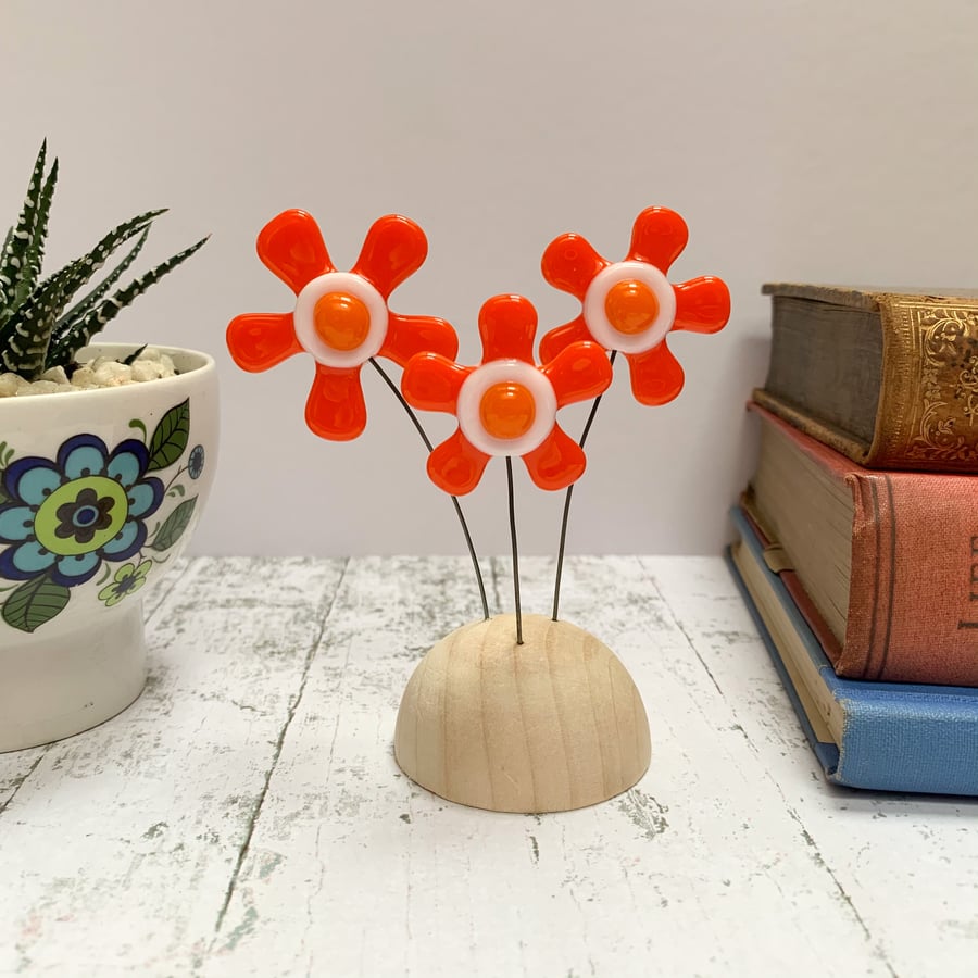 Fused Glass Happy Hippy Flowers (Orange3) - Handmade Fused Glass Sculpture