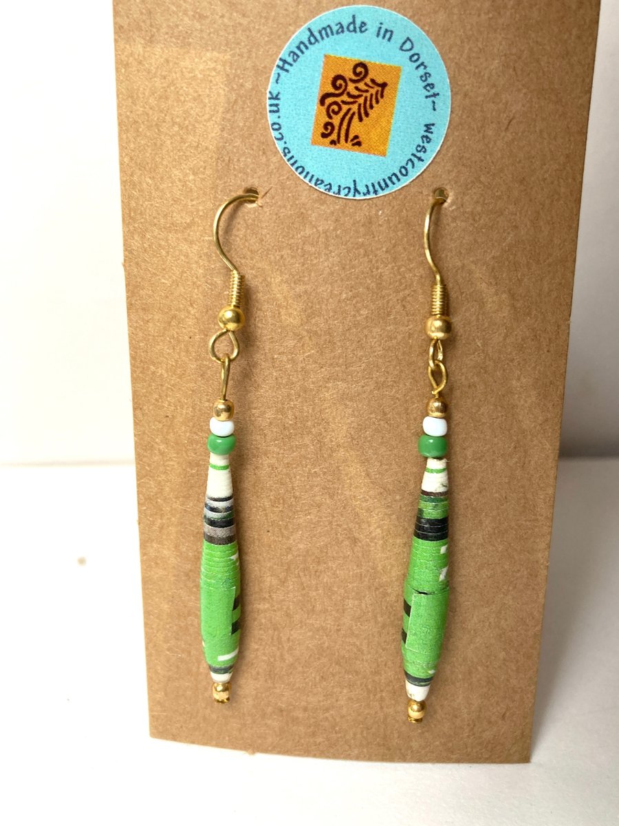 Green & white Paper Bead Earrings 