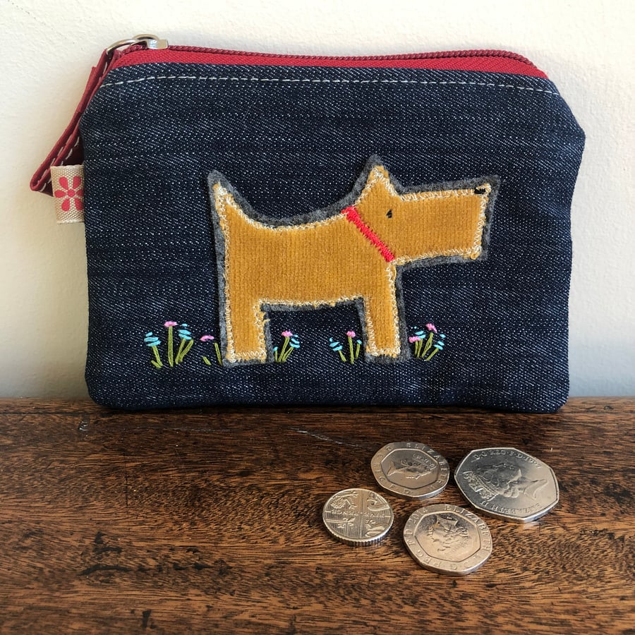 Appliqué dog recycled denim purse